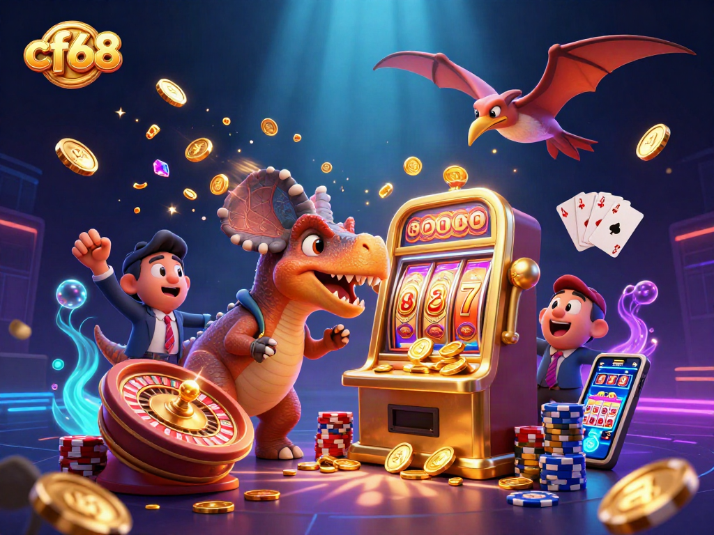 cf68 slots come alive as dinosaurs celebrate jackpot wins with golden coins flying around
