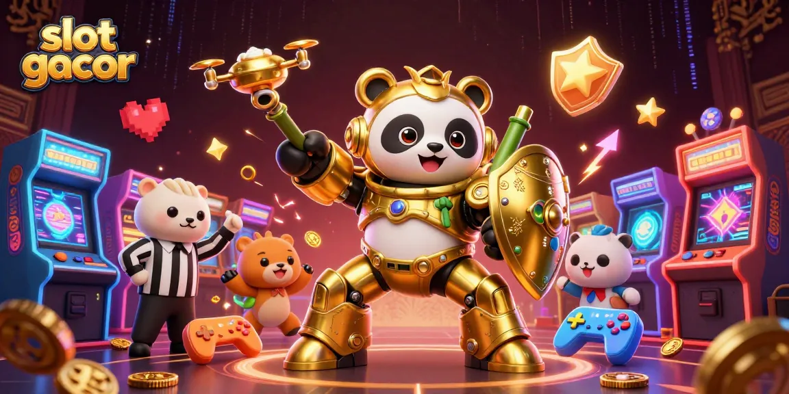 Permainan slot gacor menampilkan panda emas dalam kostum mecha dengan robot bertarung di arena.