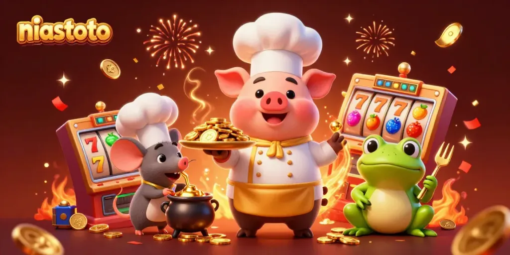 Experience niastoto with gold coins, slot reels, and vibrant characters amidst festive confetti.