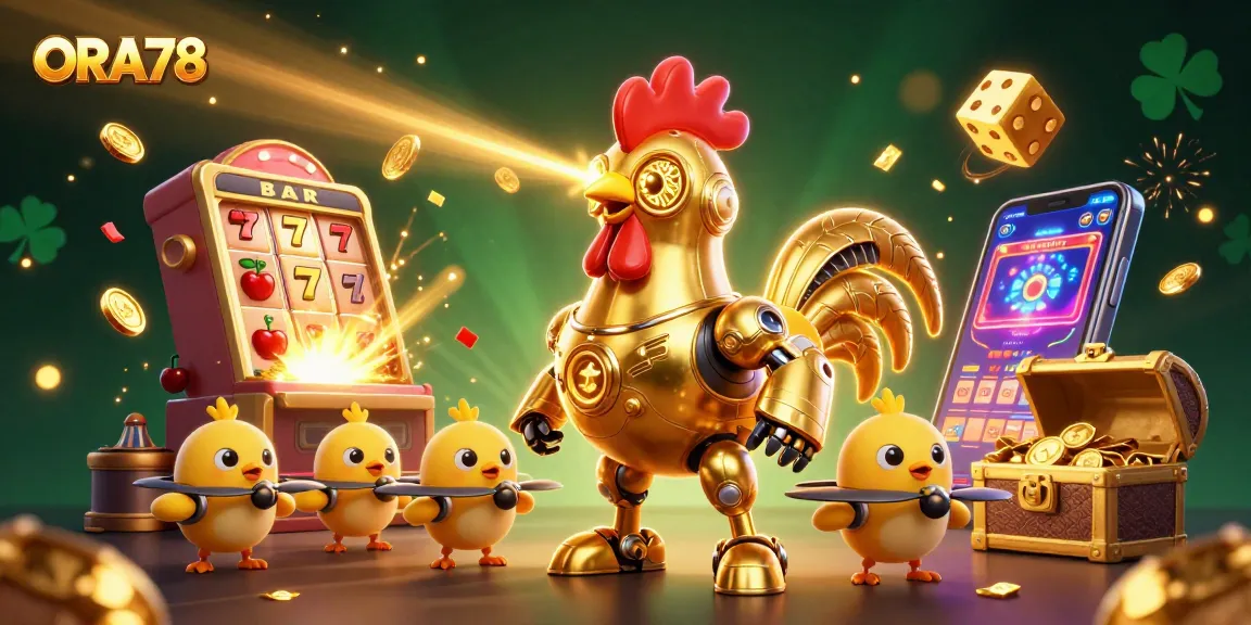 ORA78 menampilkan robot ayam emas futuristik dan drone anak ayam di tengah mesin slot dan koin emas yang bertebaran.