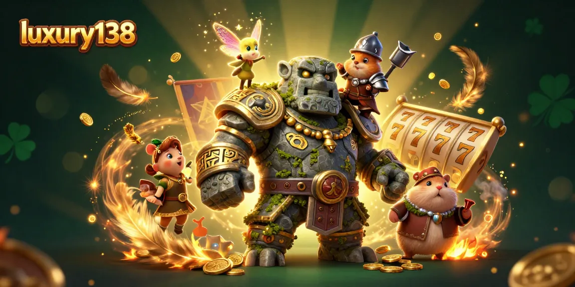 Experience the excitement of luxury138 with a 3D scene of a magical golem and companion amidst gold coins and slot reels.
