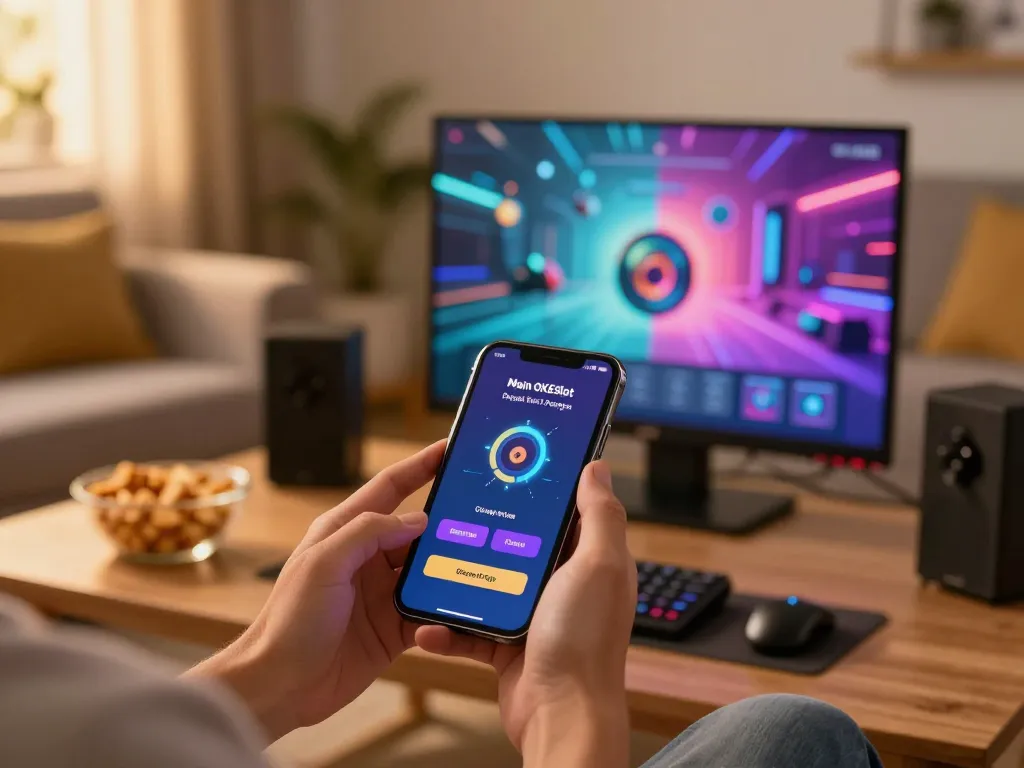 Main OKESlot Deposit Qris Tanpa Potongan displayed on smartphone during a relaxed online gaming session at home.