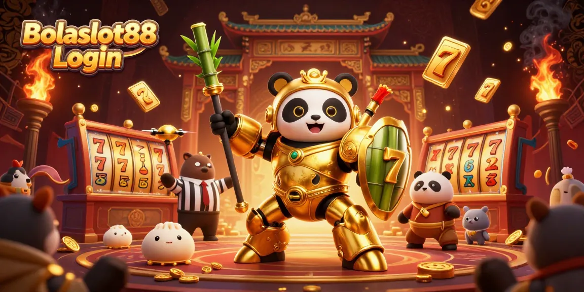 Bolaslot88 Login action scene showcasing a mech-suit golden panda among dynamic casino elements for thrilling gameplay.
