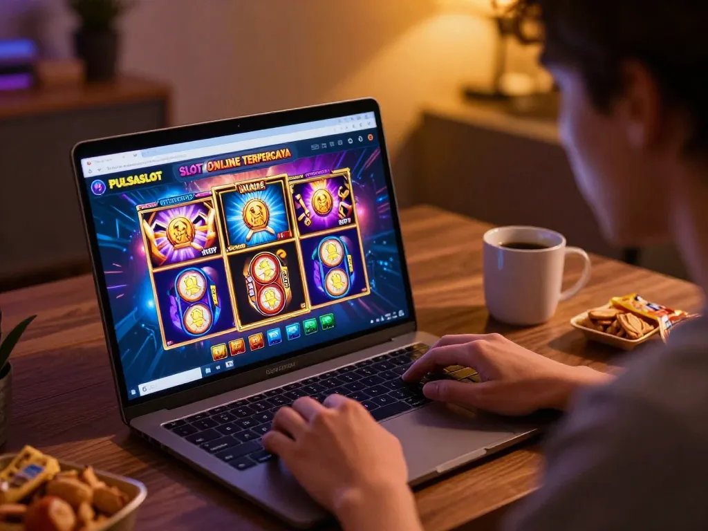 PULSASLOT SLOT ONLINE TERPERCAYA shows a player strategically engaging with online slot games on their laptop.