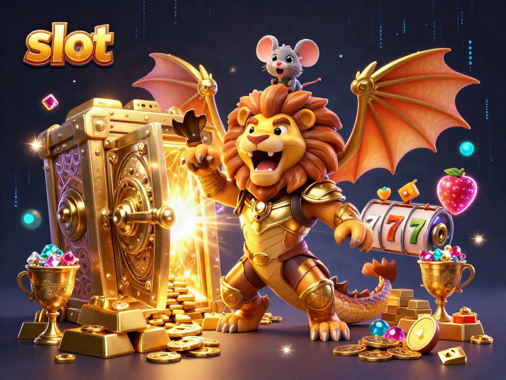 Experience thrilling slot adventures with a roaring chimera and treasure in this vibrant illustration.