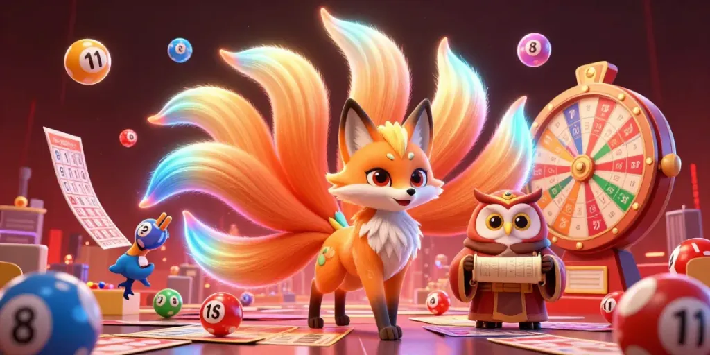 Experience vibrant lottery excitement with MARIATOGEL's nine-tailed fox and owl surrounded by bingo and prize elements.