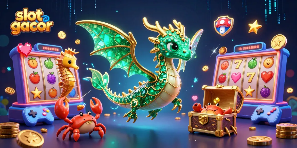 Experience slot gacor with vibrant 3D sea creatures, slot reels, and treasure in this gaming illustration.