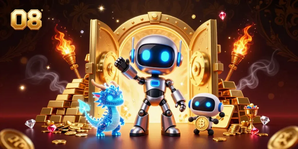 Experience thrilling gameplay with O8's vibrant robot mascot, gold treasures, and immersive casino elements.