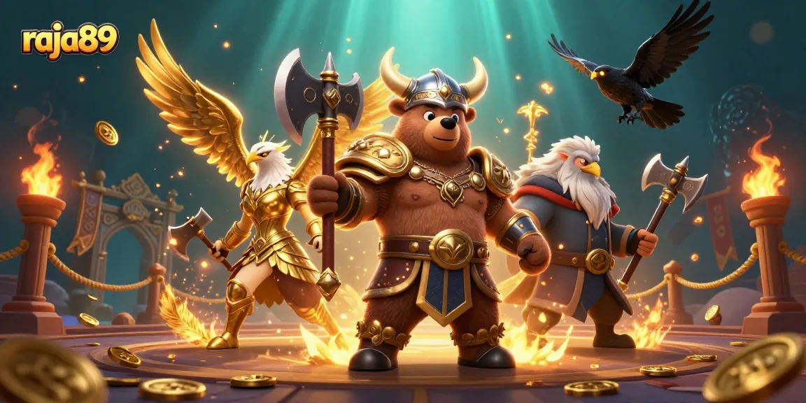 Engage with raja89 for a thrilling gambling experience featuring a Viking bear and Valkyrie eagle.
