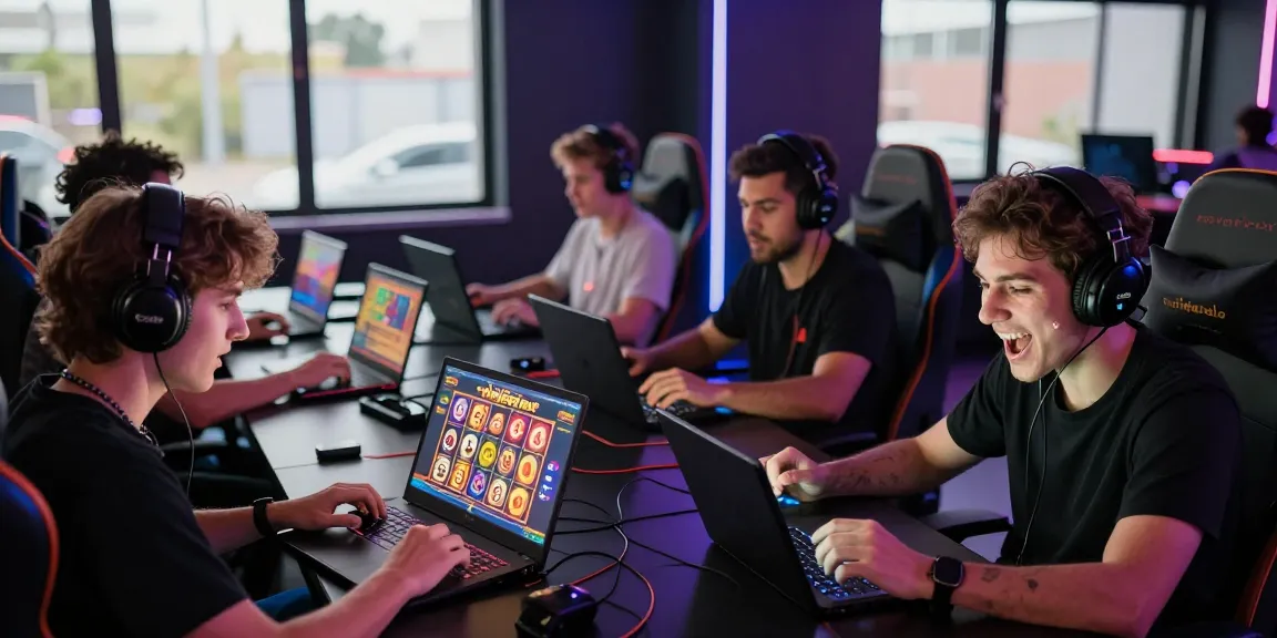 Exciting online gaming scene showing players using sniperslot with vibrant screens and immersive LED lights.