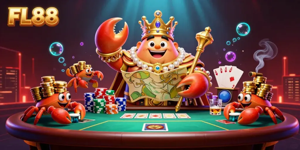 Engage in vibrant gambling action at FL88 with a golden crab emperor surrounded by dynamic casino elements.