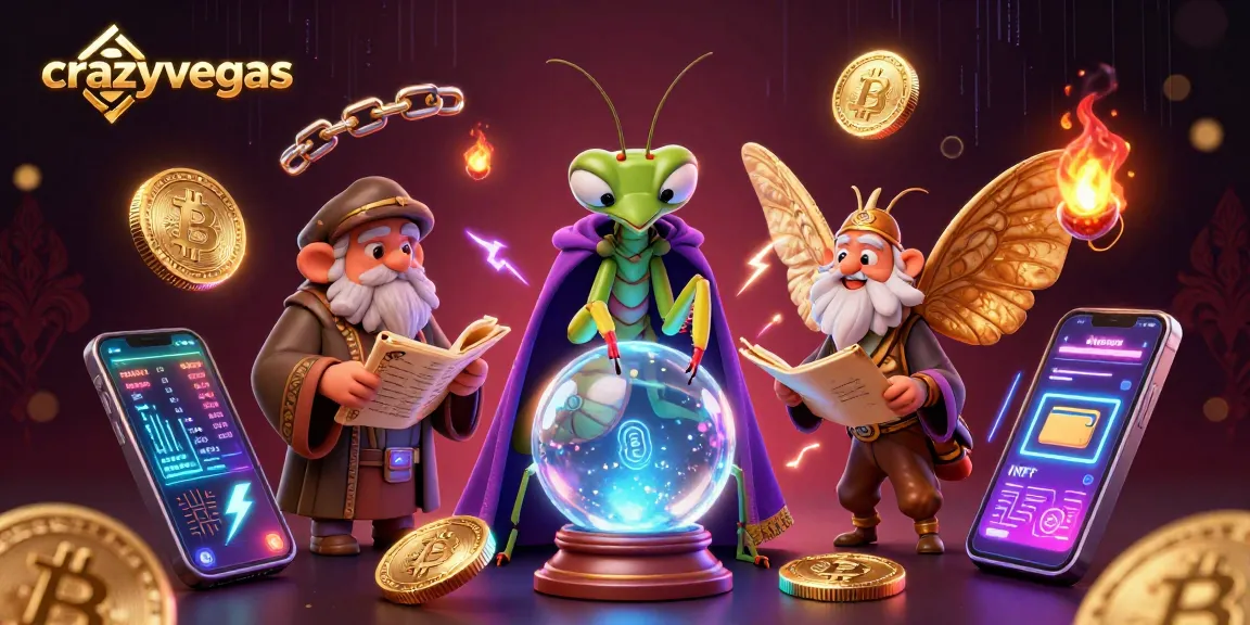 Join crazyvegas for thrilling online roulette, illustrated with vibrant dynamic characters and cryptocurrency elements.