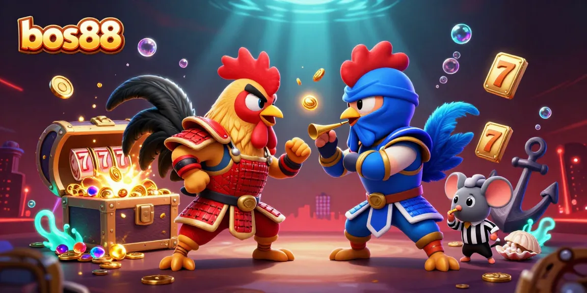 Experience excitement with bos88 as fighting roosters battle among vibrant slot elements and treasures.