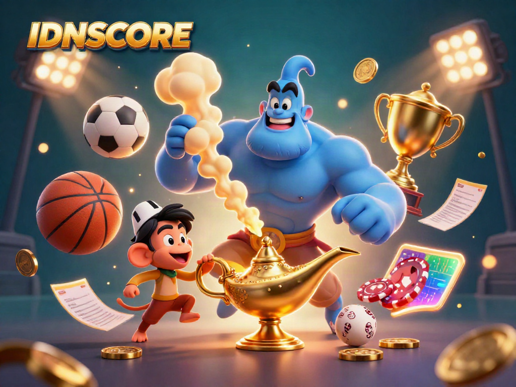 Experience dynamic sports betting excitement with IDNSCORE's colorful casino scene featuring a genie, monkey, and poker chips.