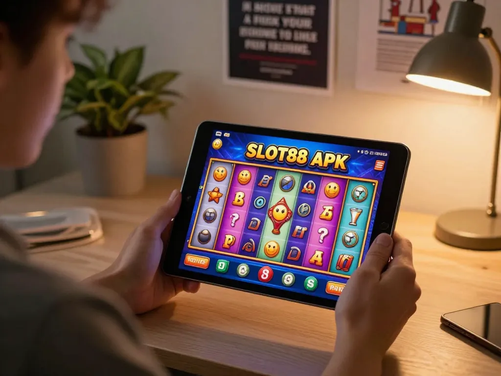 Playing exciting slot games with the SLOT88 apk on a tablet in a cozy home setting.