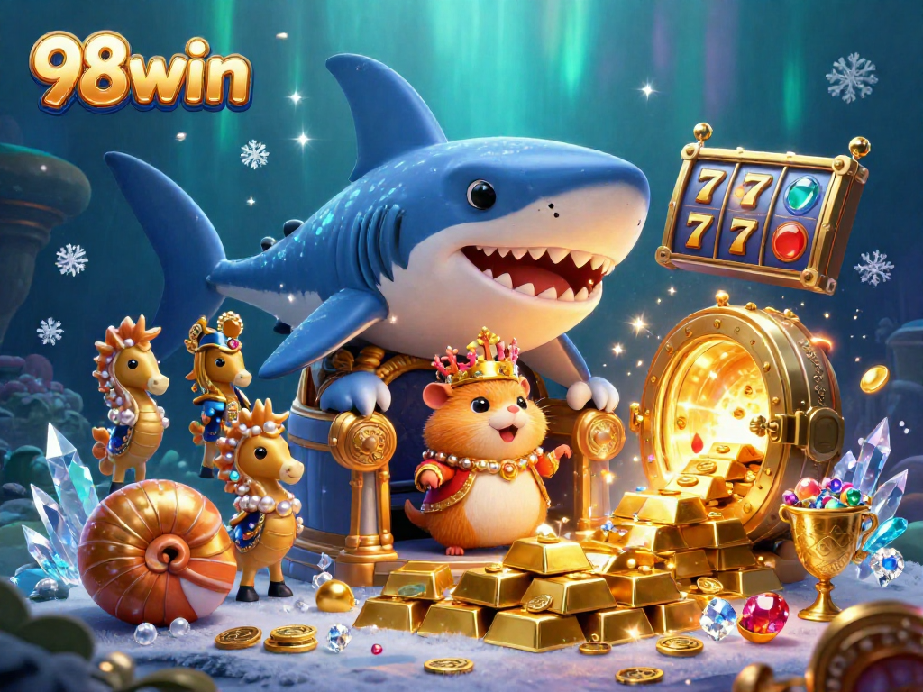 Win big with 98win's vibrant casino scene featuring the golden hamster king and lavish treasures.