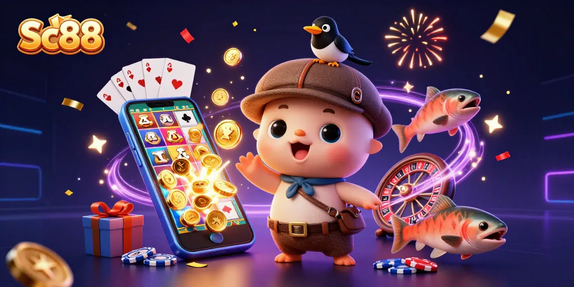 Play and win with Sc88, showcasing diverse casino elements and characters in a vibrant, festive setting.