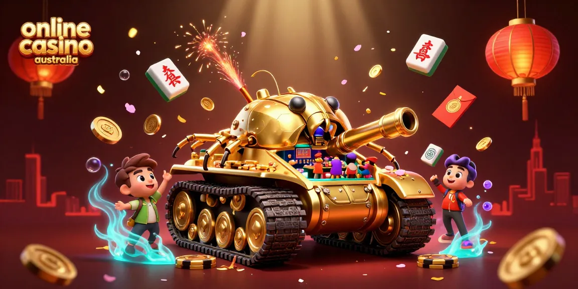 Engage with online casino australia through a vibrant scene featuring a golden beetle tank showcasing a miniature casino.