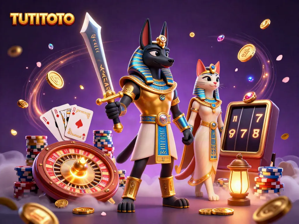 Experience thrilling gameplay at TUTITOTO with vibrant casino elements, showcasing Anubis and Bastet in action.