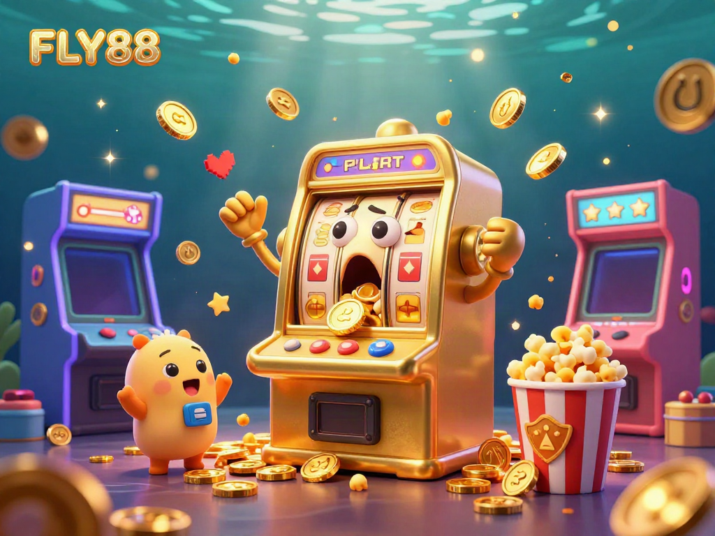 FLY88 slot machine hitting the jackpot while cheering baby slots celebrate in a vibrant casino scene.