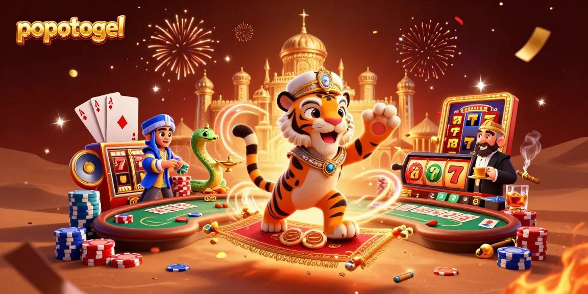 Experience popotogel’s vibrant gaming world with rich 3D imagery showcasing exciting slot and poker elements.