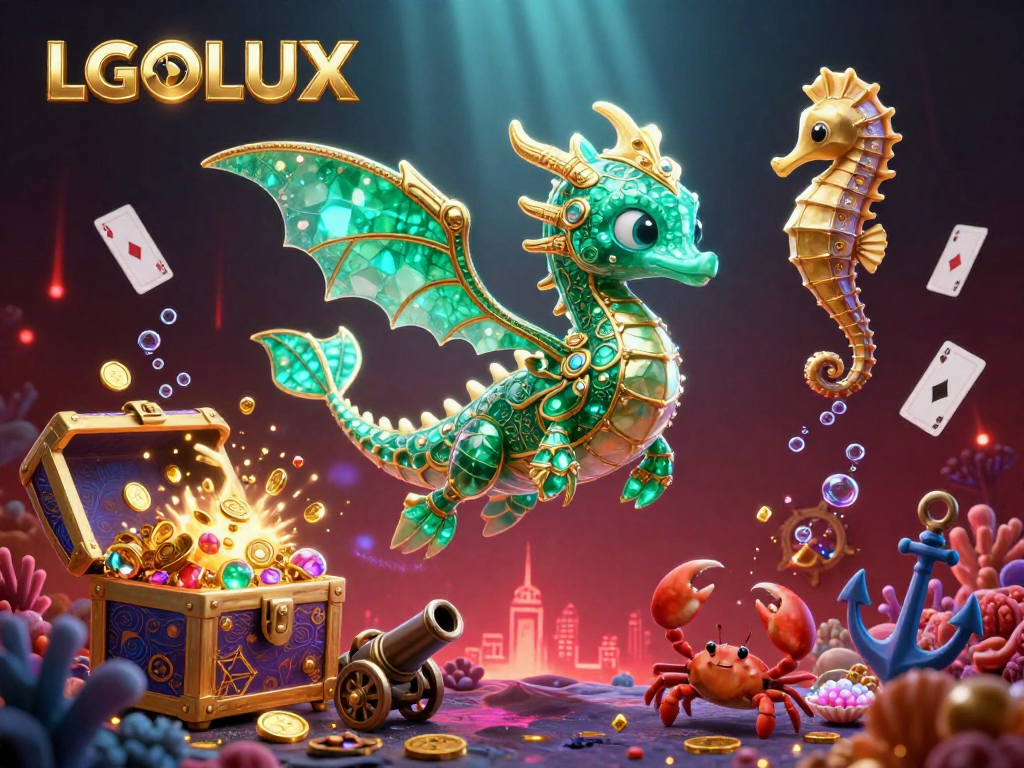 Experience the thrilling LGOLUX casino adventure with a captivating sea dragon and treasure chest scene.