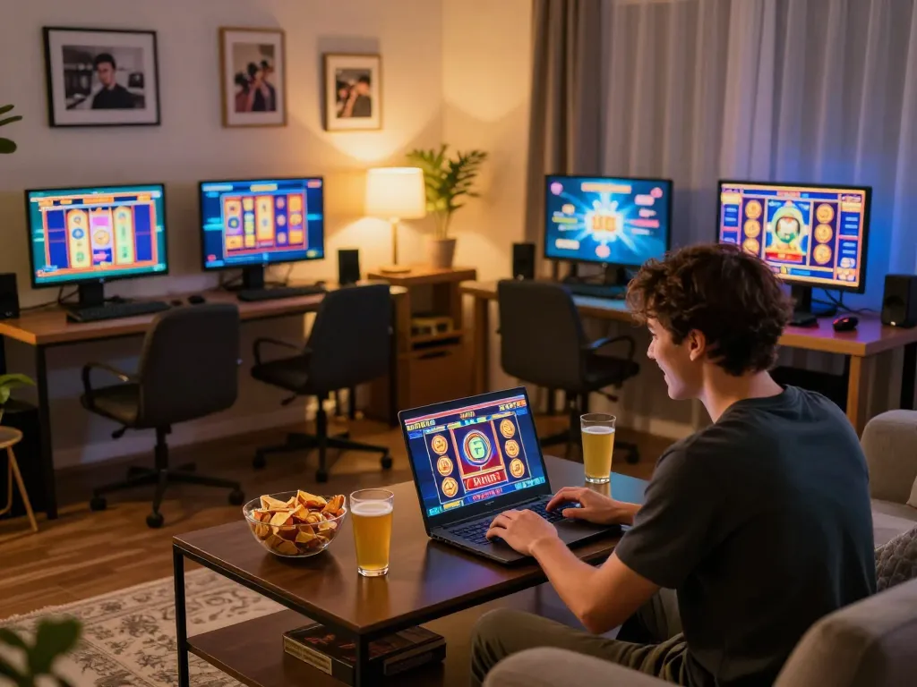 Playing slot pulsa online with excitement and snacks in a cozy home gaming setup.