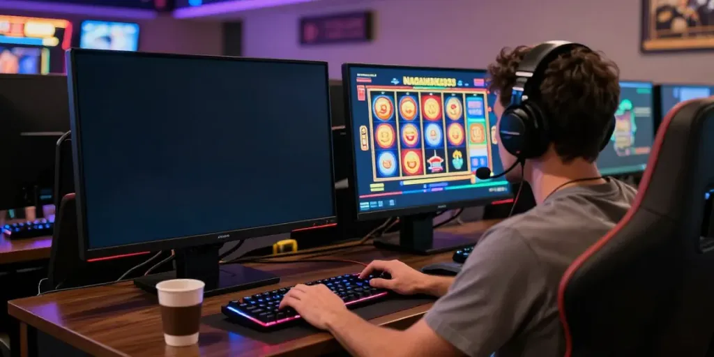 Seorang pemain terlibat dalam permainan slot online di NAGAHOKI303 dengan suasana yang menarik.