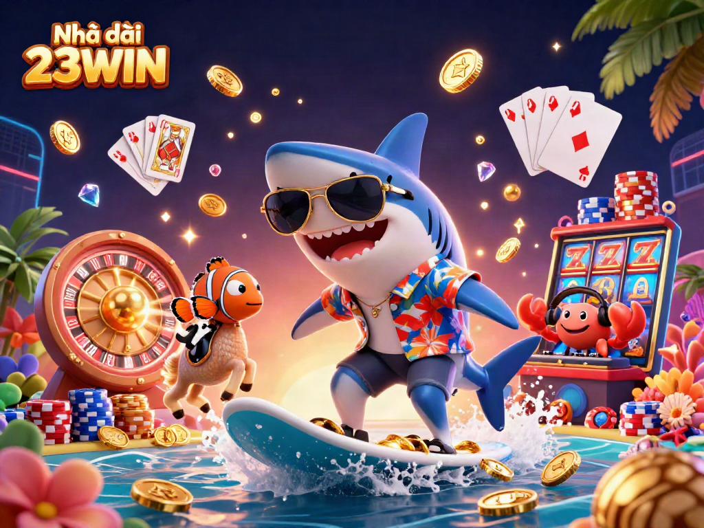 Engage with winning strategies at Nhà cái 23WIN, featuring a vibrant casino-themed 3D illustration.