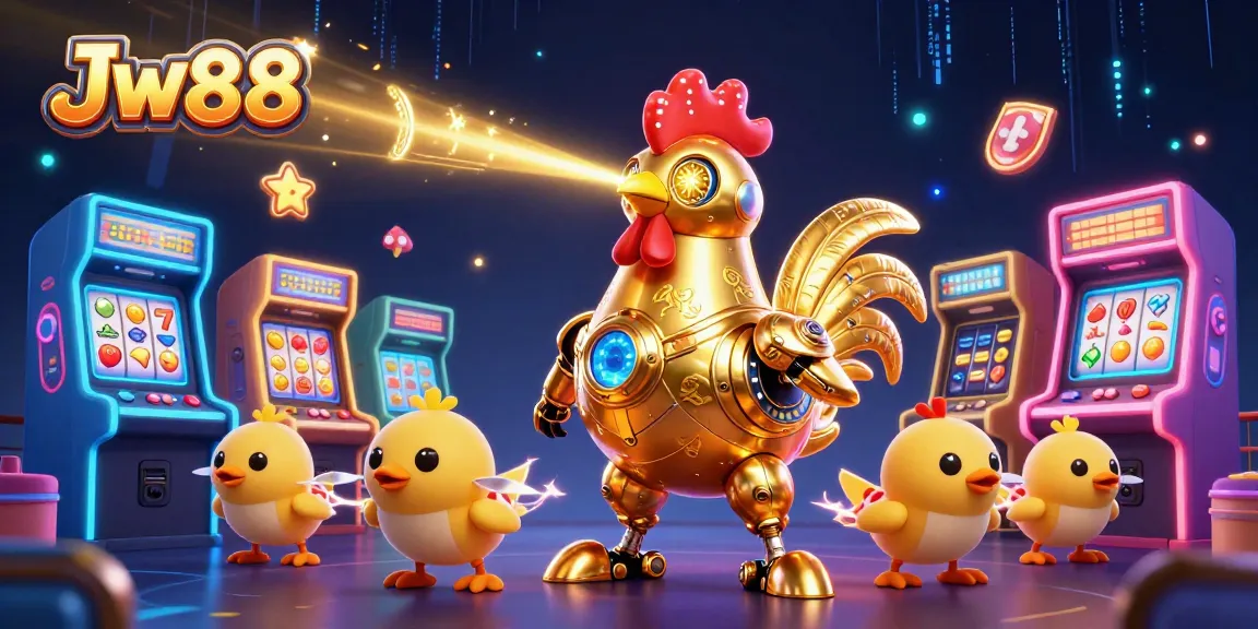 Experience Jw88's thrilling casino adventure with vibrant gaming elements and a futuristic robot!