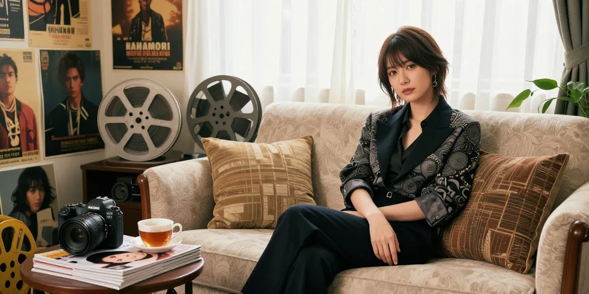 Hanamori Kaho dalam suasana santai berbincang tentang perkembangan film, dengan kaho hanamori sub indo terlihat di berbagai poster di sekitarnya.