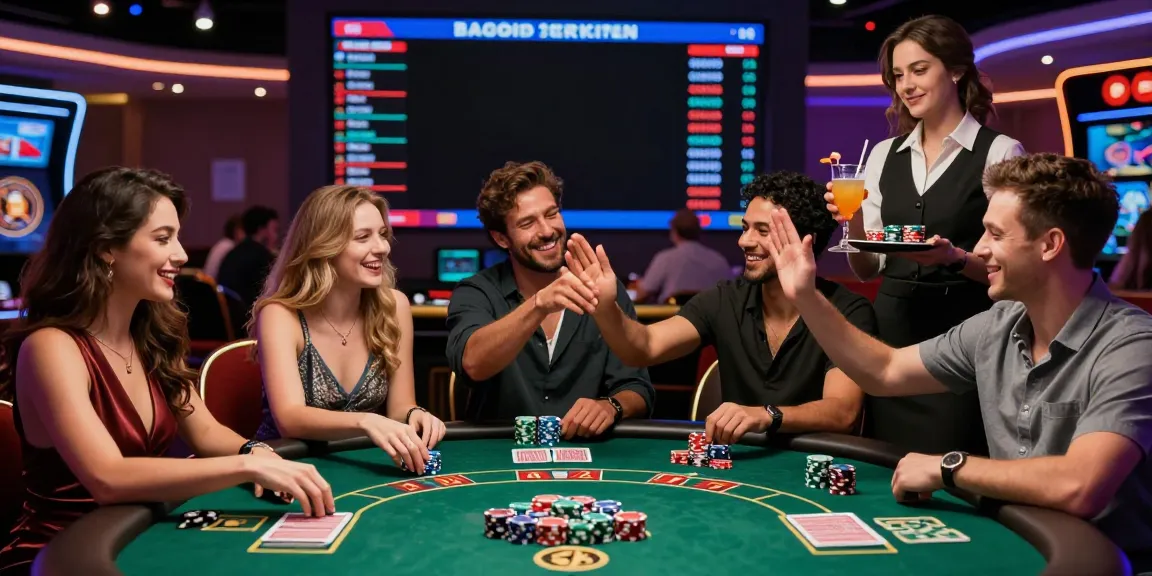 Exciting group of friends playing 2up in a vibrant casino gaming room.