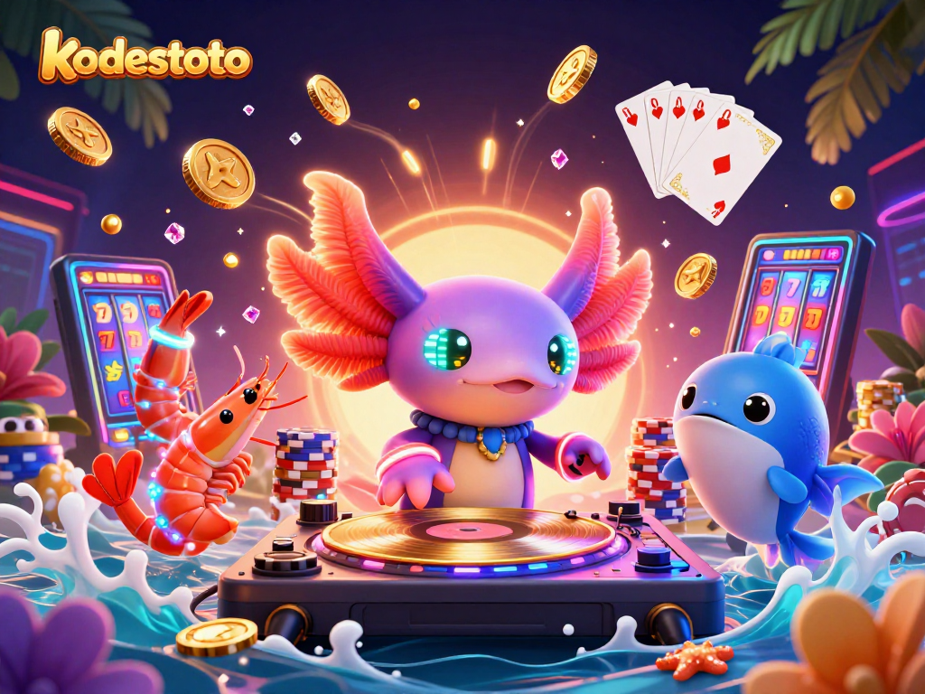 Experience kodestoto's vibrant gameplay with a neon-themed 3D casino party illustration, showing dynamic characters and casino elements.