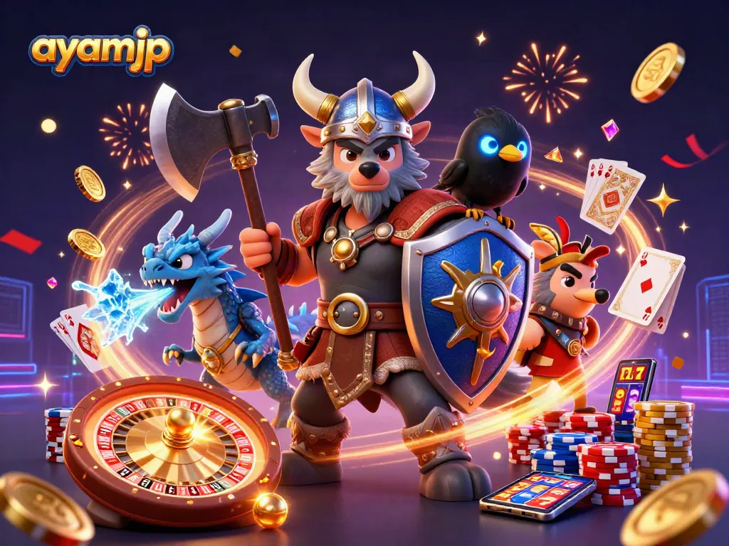 Engage with thrilling gameplay at ayamjp with a Viking warrior, dragon, and shiny coins.