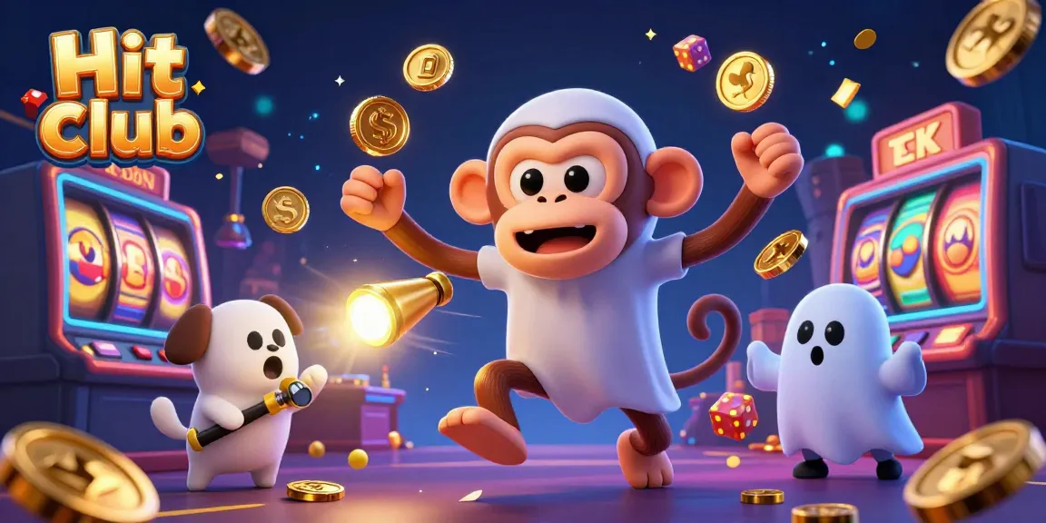 Experience the excitement of Hit club with golden coins and playful casino characters.