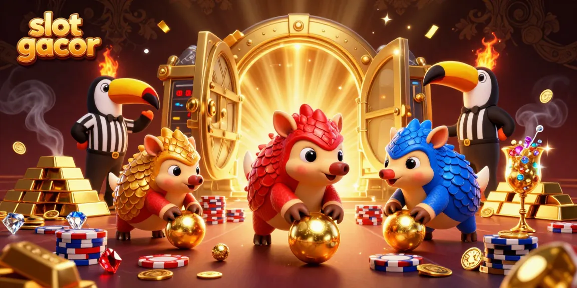 Aktivitas mendebarkan di slot gacor dengan pangolin berjuang melalui tumpukan chip poker dan bola emas.