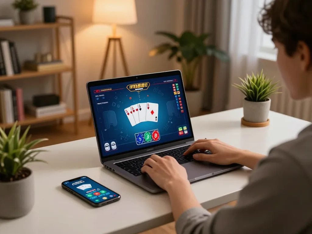 Pemain yang terlibat dalam permainan online di m88 mansion Indo, menampilkan layar laptop dan aplikasi mobile di lingkungan yang nyaman.
