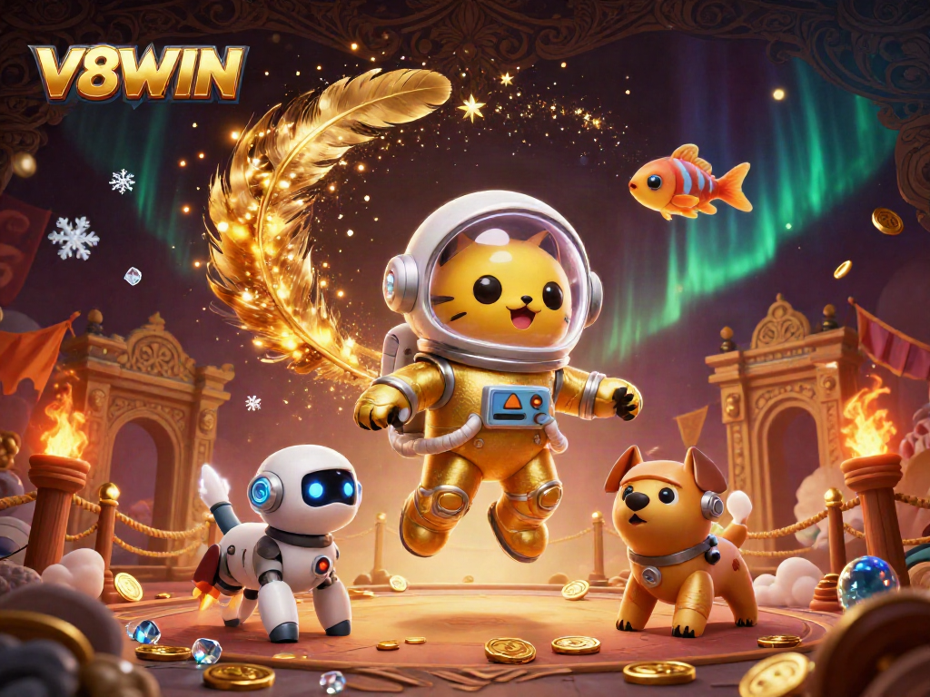 Experience exhilarating gameplay with V8WIN in a vibrant casino-themed 3D scene.