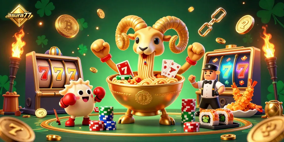 Play exciting slots at asura77 with a fun-filled 3D illustration of a giant ramen bowl dealer and vibrant casino elements.