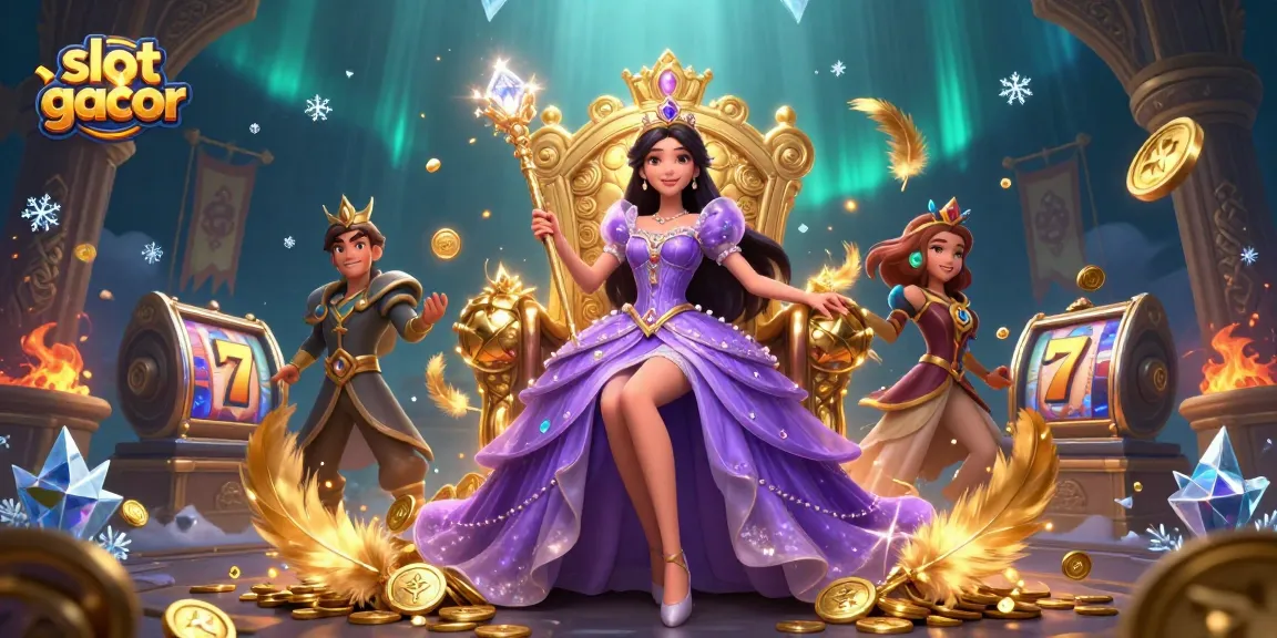 Engage in thrilling slot gacor gameplay with vivid characters amidst a treasure-filled casino scene.