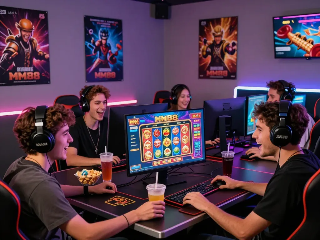 Exciting gaming scene with players enjoying MM88 online casino games, showcasing vibrant graphics and social atmosphere.