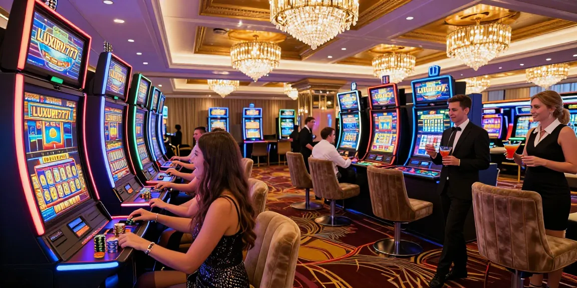 Pengunjung asyik bermain di mesin slot LUXURY777 di kasino mewah dengan lampu LED cerah.