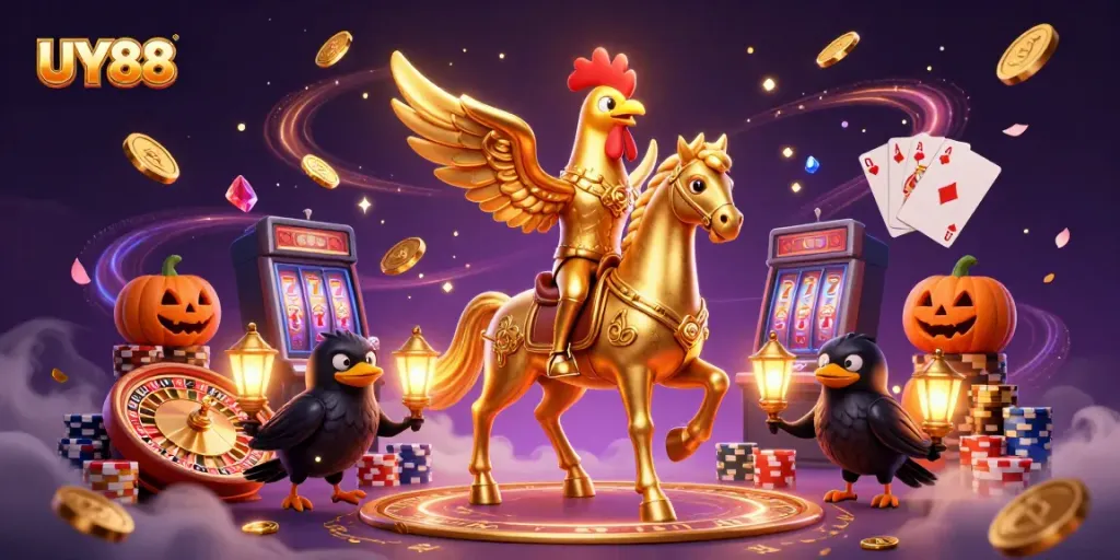 Experience the magic of UY88 with games and golden rewards in a stunning 3D casino scene.