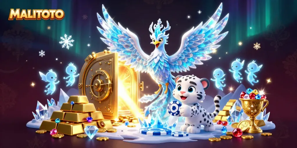 MALITOTO illustrates an enchanting scene with an ice phoenix, a snow leopard cub, and sparkling treasures in a dynamic casino environment.