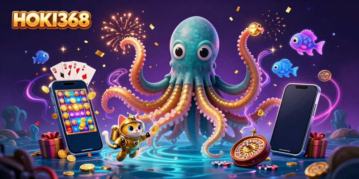 HOKI368 showcases a thrilling underwater gambling adventure with a kraken and diving cat.