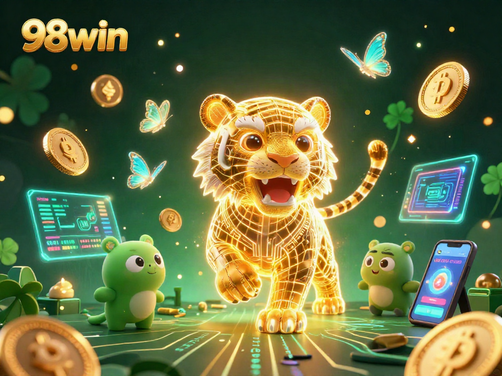 Bet on 98win with golden tiger illustration in a vibrant casino setting, enjoying unique crypto assets.
