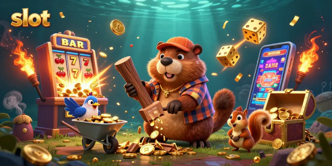 Experience thrilling slot action with a cartoon beaver, bird, and squirrel amidst gold coins.