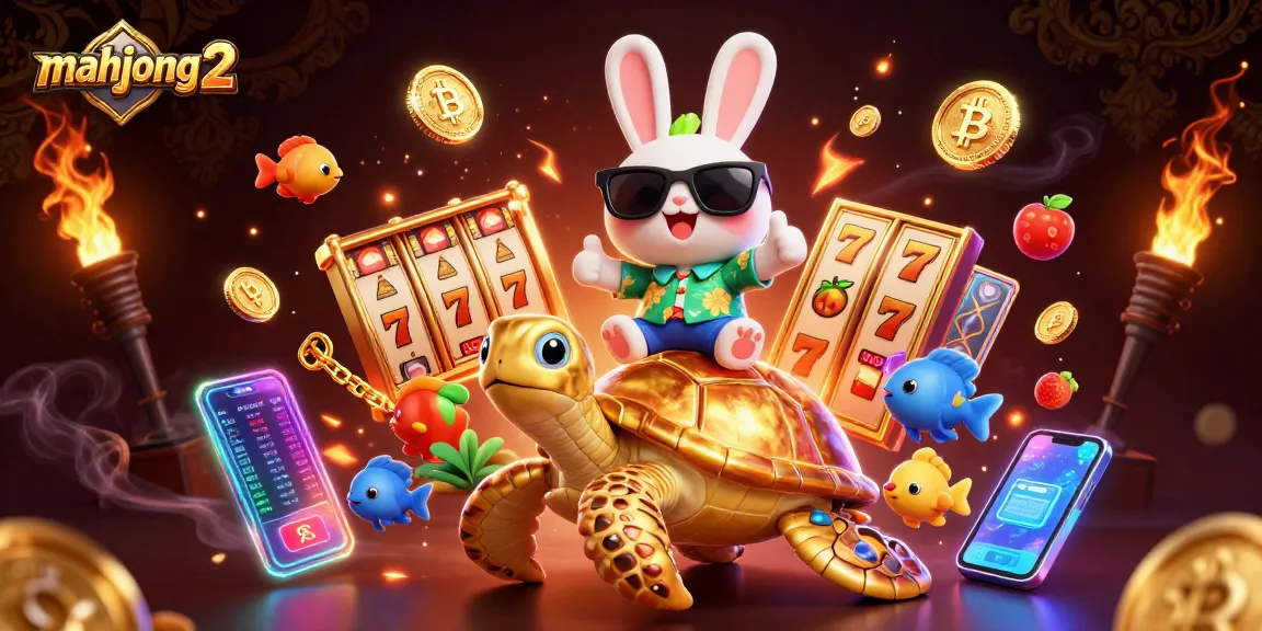 Experience the thrill of mahjong 2 slots with lucky rabbit and golden sea turtle in a vibrant casino setting.