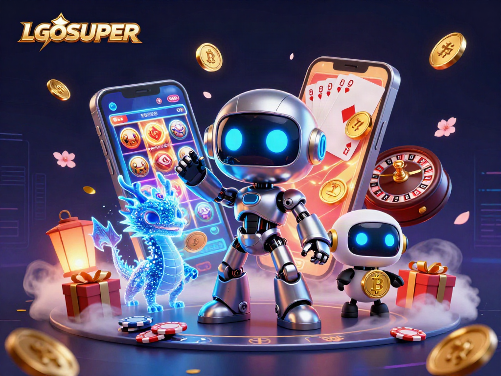Engage in thrilling slots with LGOSUPER featuring a vibrant robot and game elements.