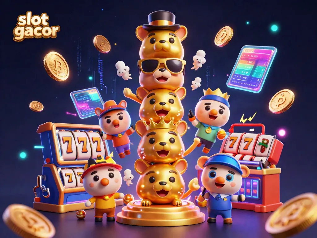 Experience slot gacor action with dynamic characters and exciting game elements in vibrant, surreal illustration.